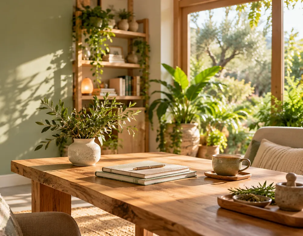 Natural wellness workspace with greenery, illustrative image